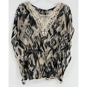 Coupe Collection Women Smocked Peplum Blouse Lace V-Neck Chiffon Print Sz S